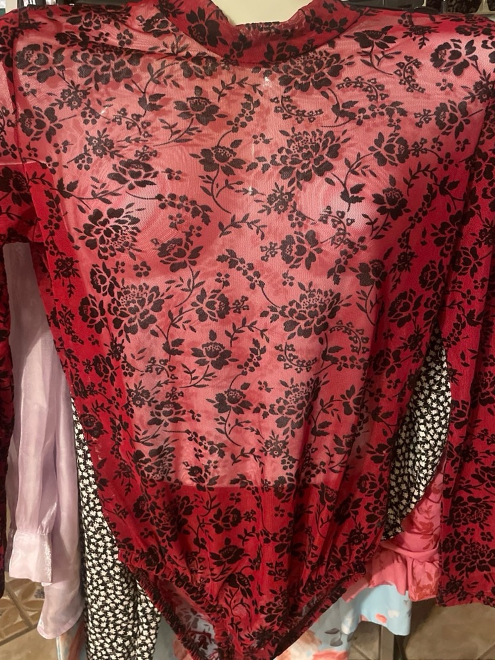 Women’s Red Floral Sheer Long-Sleeve bodysuit Top